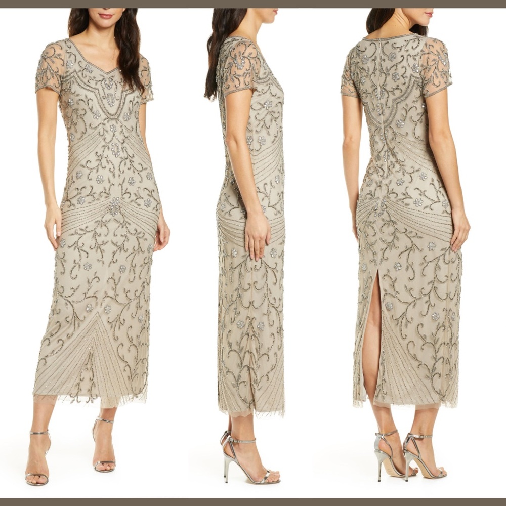 NWT Pisarro Nights Beaded Illusion Mesh Gown in Silver [SZ 4‎ ]